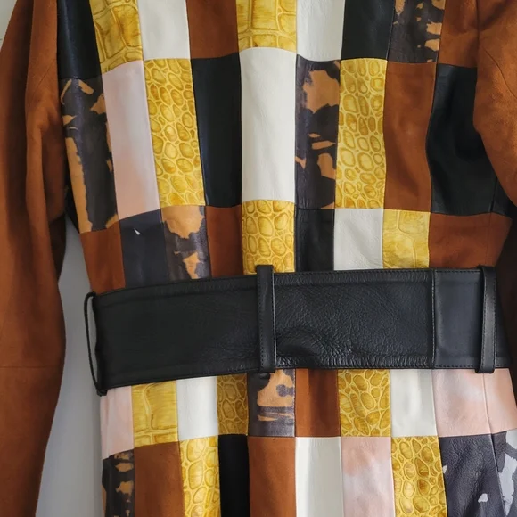 DanCassab: multi-color patchwork leather lamb skin/suede belted trench coat